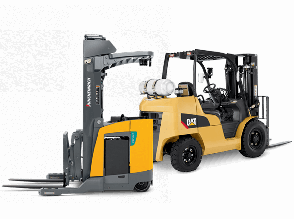 Jungheinrich and Cat forklifts side by side